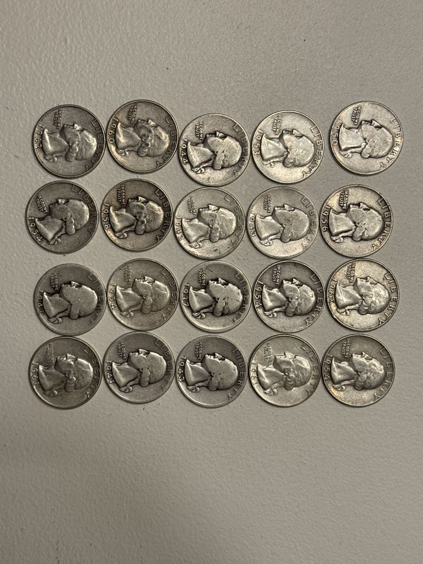 20 Count 1940 To 1960 Washington Quarter 90% Silver Coins