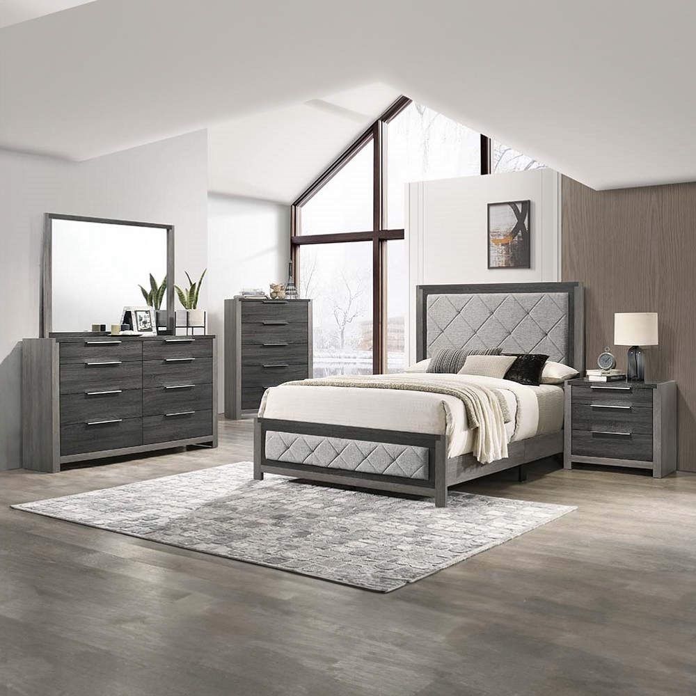 4 Pc Bedroom Set Dresser Mirror E King Bed & Nightstand In Two Tone Gray Finish