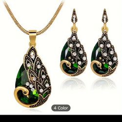 Emerald Green Peacock Necklace & Earrings