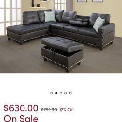 Black Leather Sectional Couch, W/ottoman 
