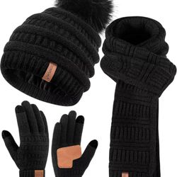 Womens Winter Beanie Scarf Gloves Set, Pom Pom Hat with Warm Fleece Lined Long Knit Scarf Touchscreen Gloves for Cold Weather