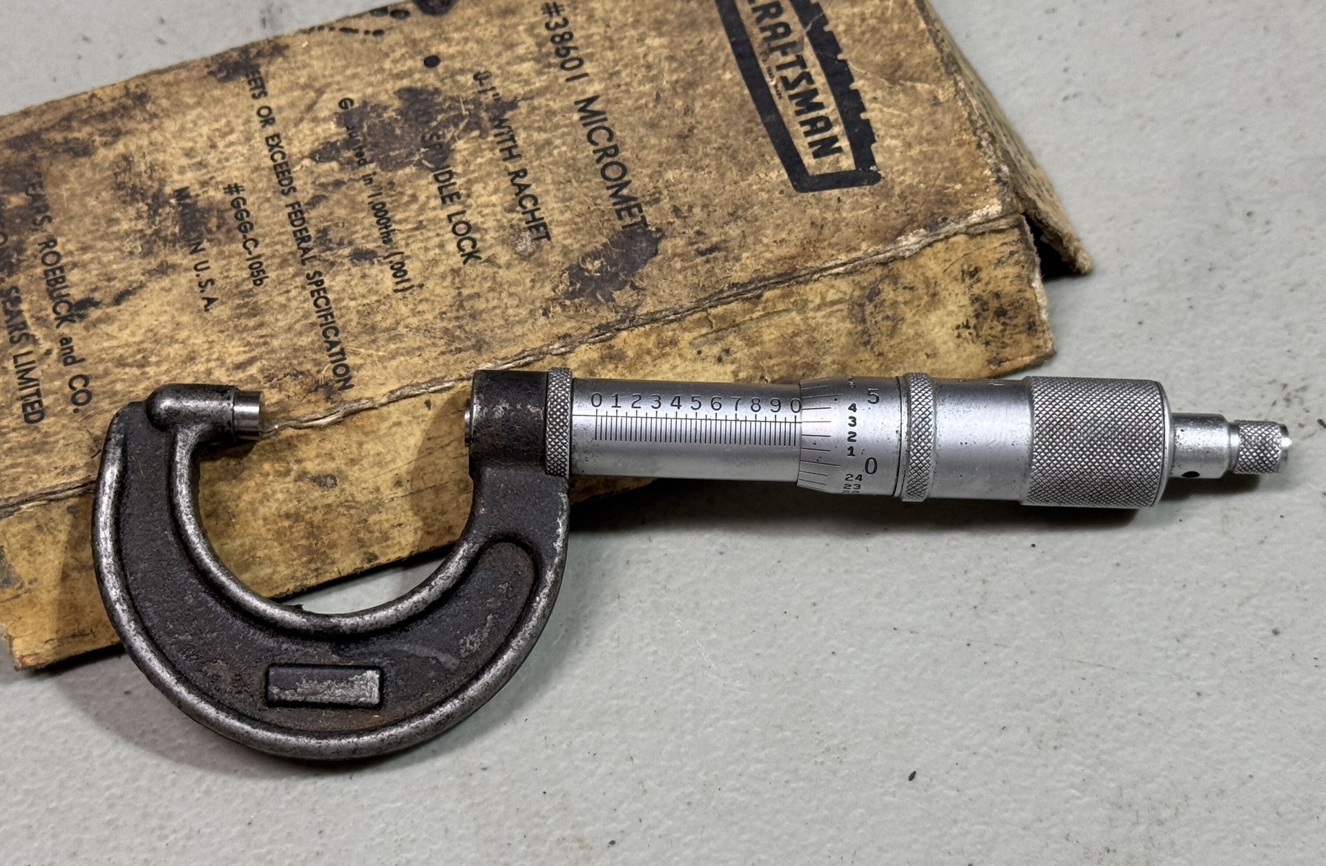 Sears Craftsman DJ Vintage Micrometer Outside 0-1 Inch USA Made Tool. Includes box lid & instructions both in poor condition. Tool works well & shows