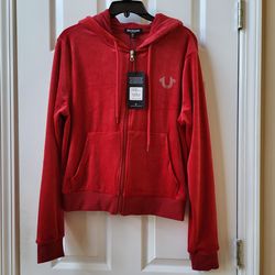 True Religion Red women's velour hoodie size L NWT