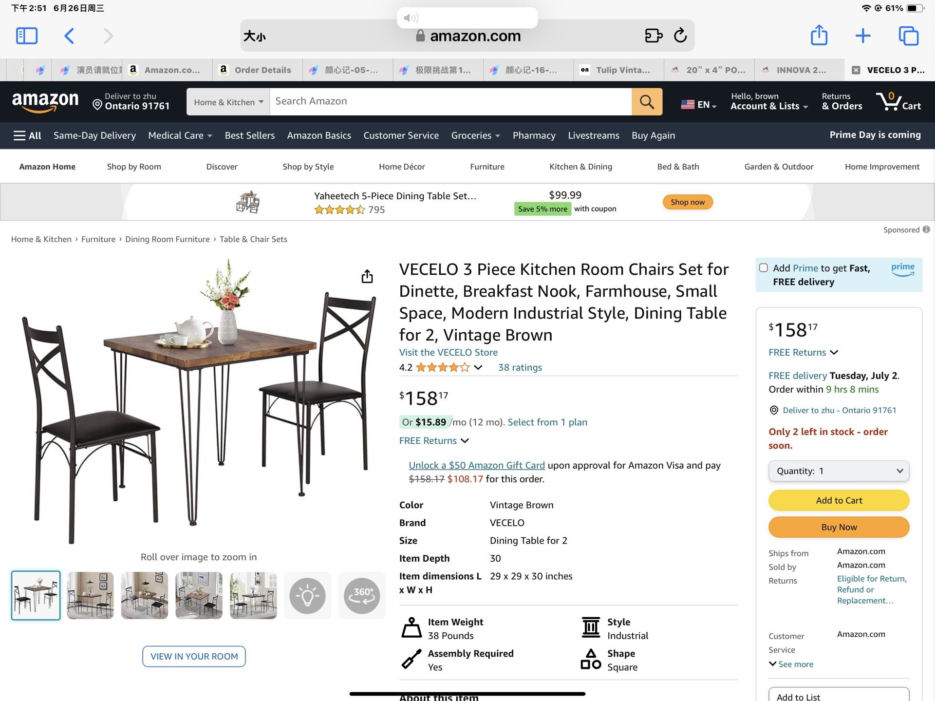 VECELO 3-Piece Table Chairs with Metal Legs for Kitchen, Dinette, Breakfast Nook, Dining Set for 2, Retro Brown and Black