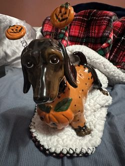 Blue Sky Clayworks Halloween Dachshund In Pumpkin Sweater By Heather Goldminc