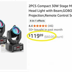 2PCS Compact 30W Stage Moving Head Light with Beam,GOBO Projection,Remote Control Sound Active & DMX512 Control 450° Pan/180° Tilt for DJ Party Home T