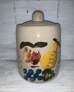 Old antique stoneware pottery cookie jar crock, hand-painted