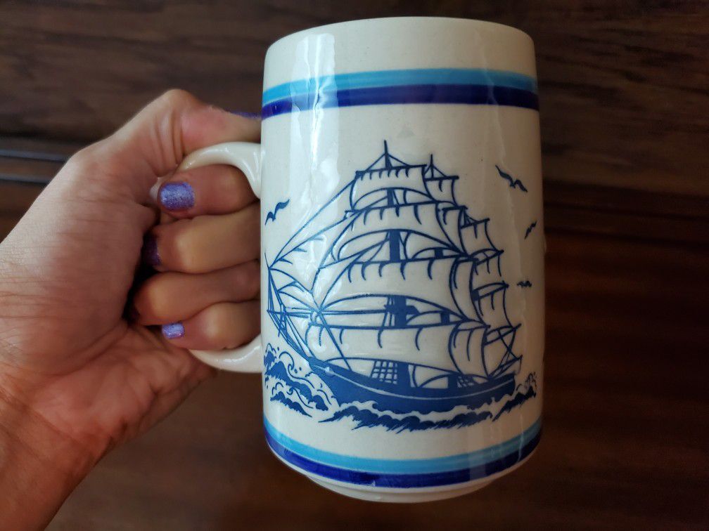 VINTAGE CAPTAINS TALL SHIP 14oz COFFEE MUG CUP SAILORS BOAT STEIN FISHERMANS