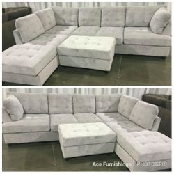Brand New Grey Chenille Fabric Sectional With Storage Ottoman 