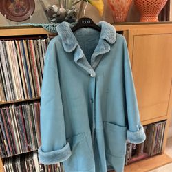 PRICE DROP: PEARLIZED Teal LAMBSKIN LEATHER SHEARLING 3/4 COAT, REVERSIBLE, 42