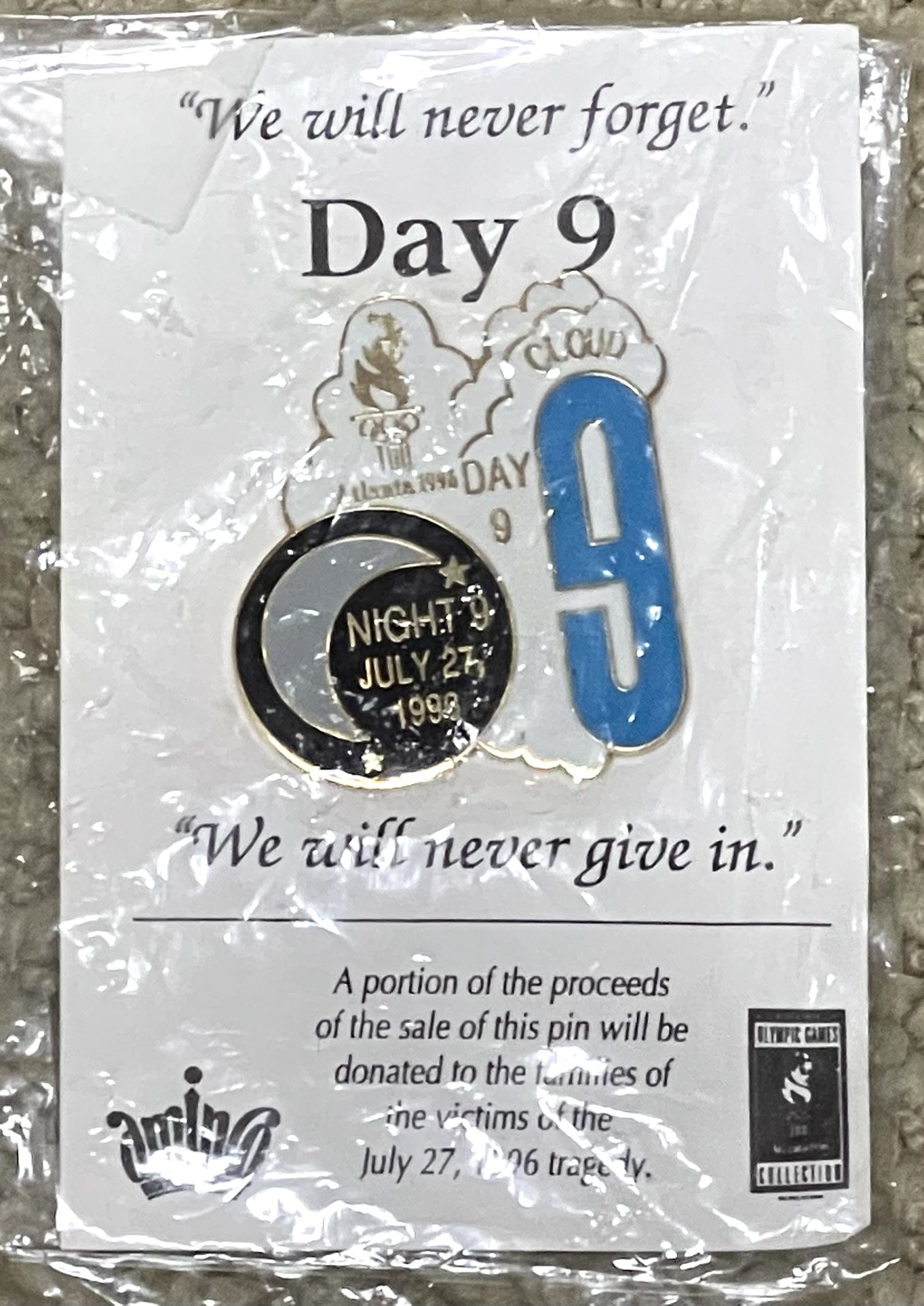 1996 Atlanta Olympic Games Pin Day 9,