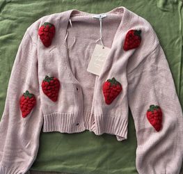 Pink strawberry cardigan with red strawberries Size M