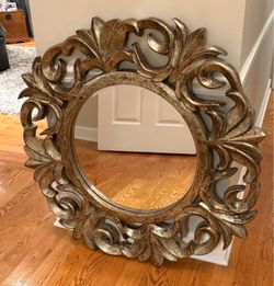 Beautiful Ornate Large Round Beveled Gold Mirror