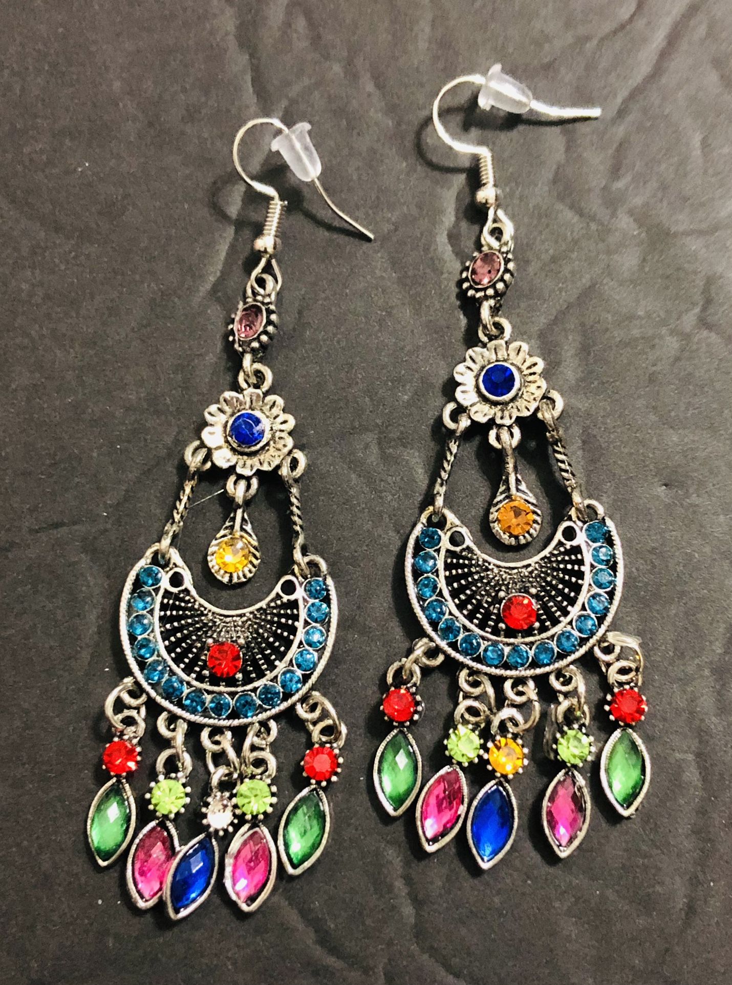 New Boho Rhinestone Moon Shape Long Tassel Dangling Crystal Fan Drop Earrings