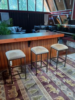 Set of 3 Counter-Height Barstools – Metal Frame & Padded Tan Cushions