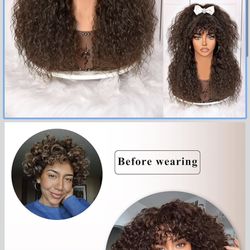 🔥Brand new🔥 Dark Brown Curly Wig With Bangs for Black Women Long Curly Human Hair Glueless Wig for Daily,Realistic Look with True Scalp 