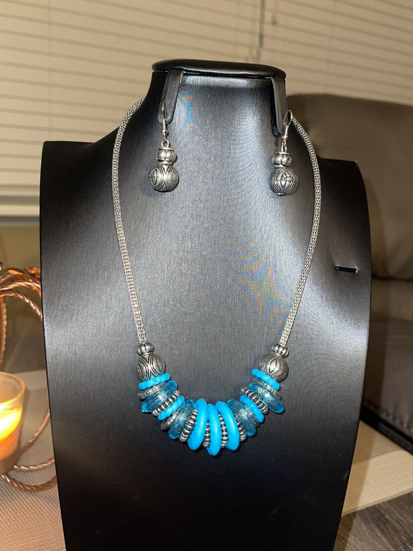 Costume Jewelry - Turquoise Colored  Necklace &  Earrings Set - Medium Length