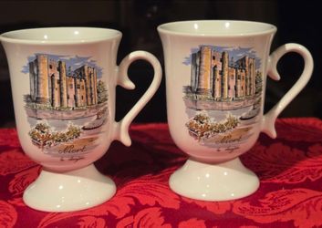 Vintage French Porcelain Mugs Pair Niort Le Donjon Creation Artistique A L'honneur