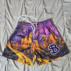 BKTSQD Men's Mesh Basketball Shorts LA Skyline Graphic Purple Orange Black XS