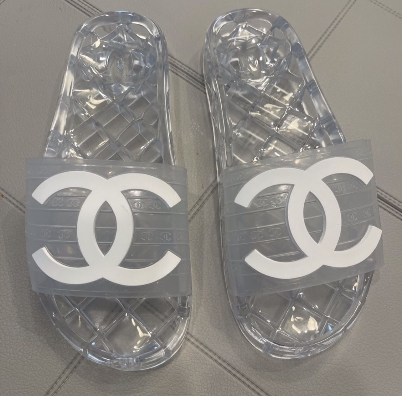 Chanel Jelly Pool Slides Transparent CC Logo White Clear Flip flops