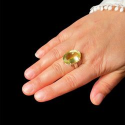 Lemon Quartz Sterling Silver Ring - Size 9.3 - 14 Carat Stone - 9g