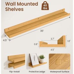 36 Inch Picture Ledge Shelf with Lip, Natural Oak, Floating Shelves for Wall Set of 3
