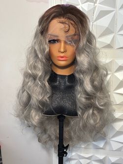 26 Inch Silver Gray Ombre Body Wave HD Lace Front Hair Blend Wig