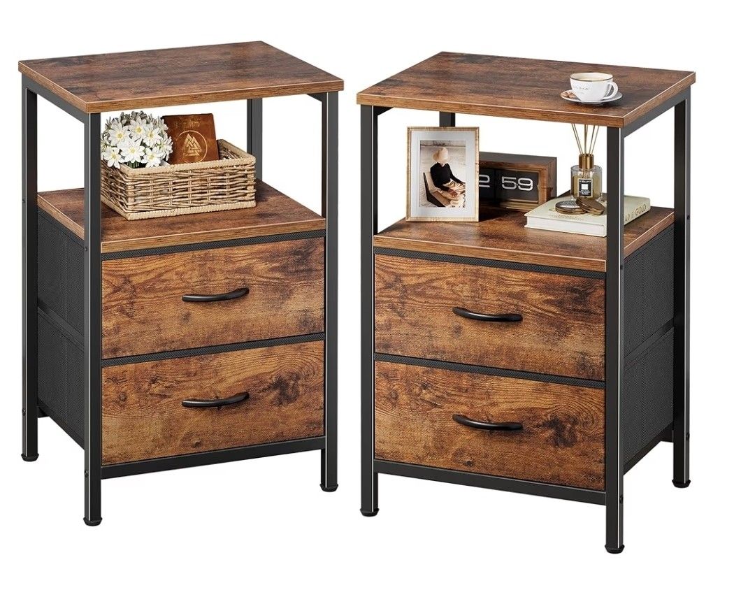 Huuger Night Stand Set of 2, Nightstand with 2 Drawers, Bed Side Table with Open Shelf, Wooden Top, End Table, Fabric Drawer, for Bedroom, Rustic Brow