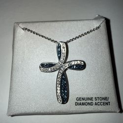 Platinum Over Bronze Pendant, 18” Cross, Blue Crystal