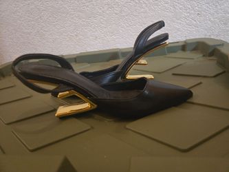 Black Leather Slingback Heels with Gold Hardware