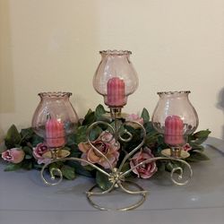 VTG Homco Candelabra 3 Tier W/3 Candles, 4 Glass Covers, & Fake Flowers Decor