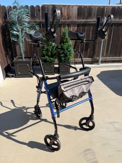 Upright Walker / Rollator with Seat, Forearm Rests & Brakes — Blue