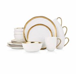 Stone Lain Modern Porcelain 16 Piece Dinnerware Set, Plates and Bowls Set, Dish set for 4, White And Golden Rim