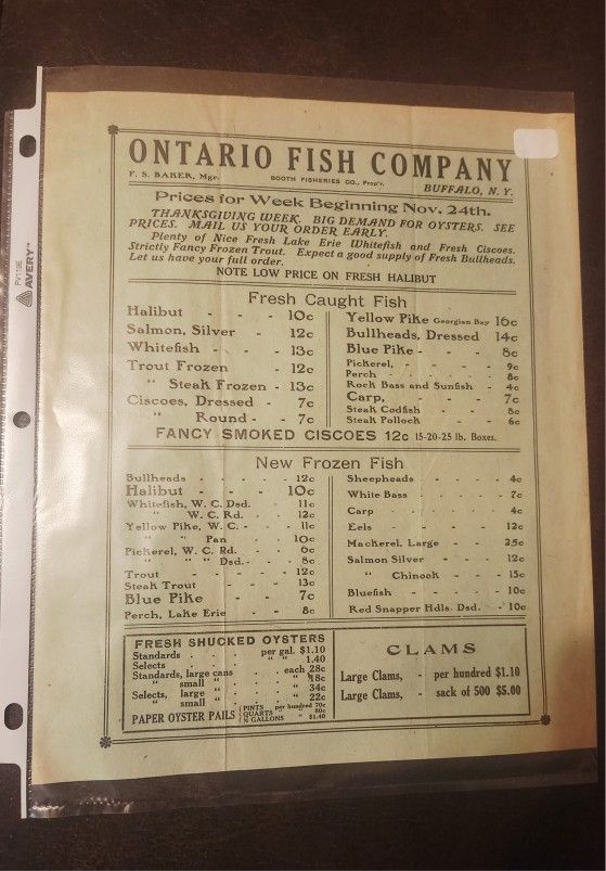 Vintage Ontario Fish Company Price List