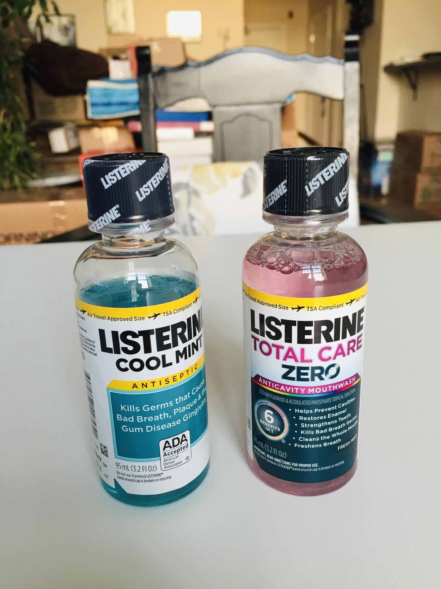 Air Travel Approved Size! TSA Complaint. Listerine Mouth Wash. 95 ml (3.2 fl oz). You can take it in carry-in into airplane with you. Isn’t it great t