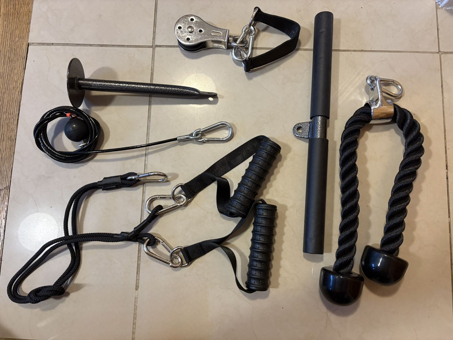 Weightlifting Attachments: Straight Bar, Handles Grips, Nylon Tricep Rope,   Weights Dumbbells Rogue Bikes Treadmill Bench 