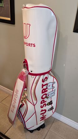 BRAND NEW M.U SPORT WOMEN'S CADDY EMBROIDERED GOLF BAG WHITE/ RED STRIPPER W/ WHEEL IN THE YARD 
Ultra-Light Bottom
5 Way- top 2 fully divided 
10 Poc