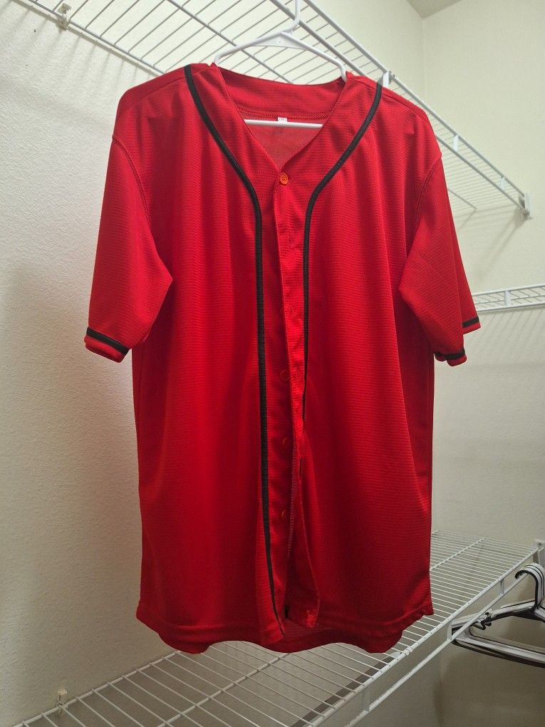 Red Baseball Jersey Shirt Size Medium But Fits Large Button Up 