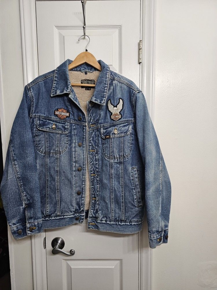 Awesome Vintage LEE Harley Davidson Patched Sherpa Lined Denim Trucker Jacket Mens M