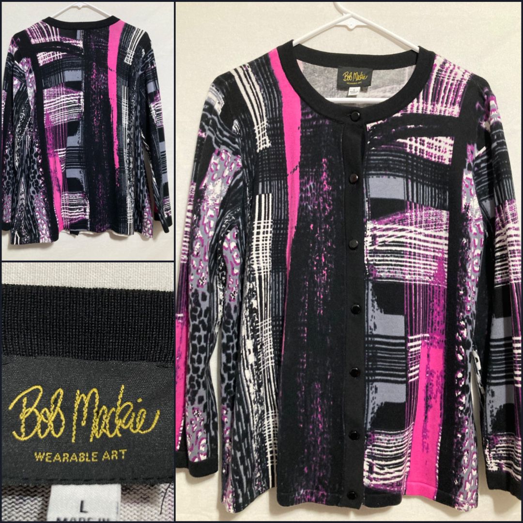 Bob Mackie Wearable Art Cardigan Sweater Women’s Pink/Black Button LARGE Rayon