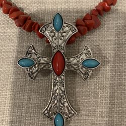 Beautiful Cross With Silver, Turquoise Color and Red Stones   Choker