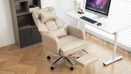 Swivel Ergonomic Office Chair, Technology Leather High Back Office Chair with Lumbar Support Headrest, Sedentary Comfortable Boss Chair, 155° Reclinin