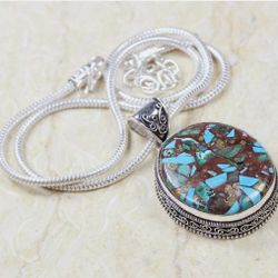 Copper Turqouise 925 Sterling Silver Plated Gemstone 20" Necklace