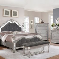 5Pcs Glam Black Silver & Mirror California King Bedroom Set (Mattress is not Included)