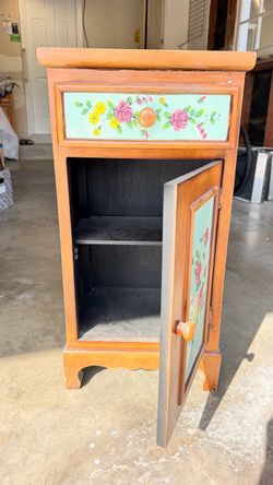 Wooden Nightstand with Floral Painted Panels - FREE