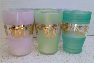 Mid Century Modern Vintage Frosted Pastel & Gold Drinking Juice Glasses Set of 6 Pink! Teal! Blue! Green!