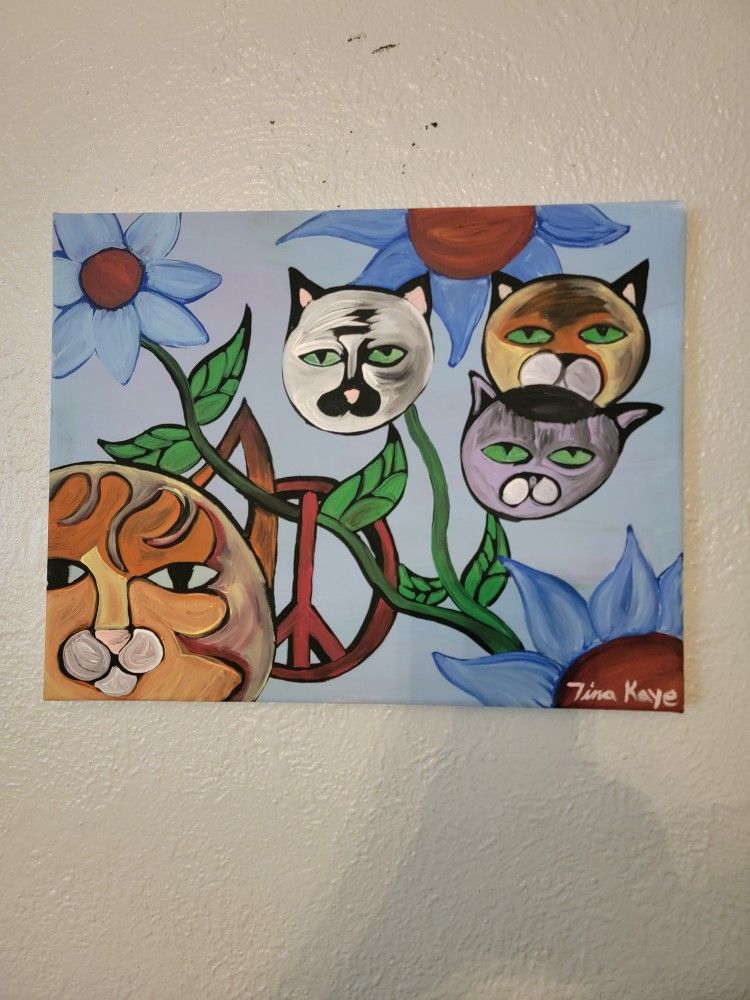 Cat Abstract Painting Floating Cat Heads 11x14 Canvas