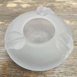 Vintage Frosted Glass Round Ashtray with Sea Conch or Leaves Coastal Home Decor