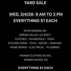 WEDNESDAY YARD SALE, EVERYTHING $1 EACH