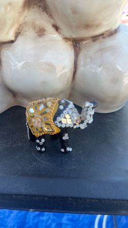 Handmade Beaded Elephant Figurine Gold White Accents Mixed Materials